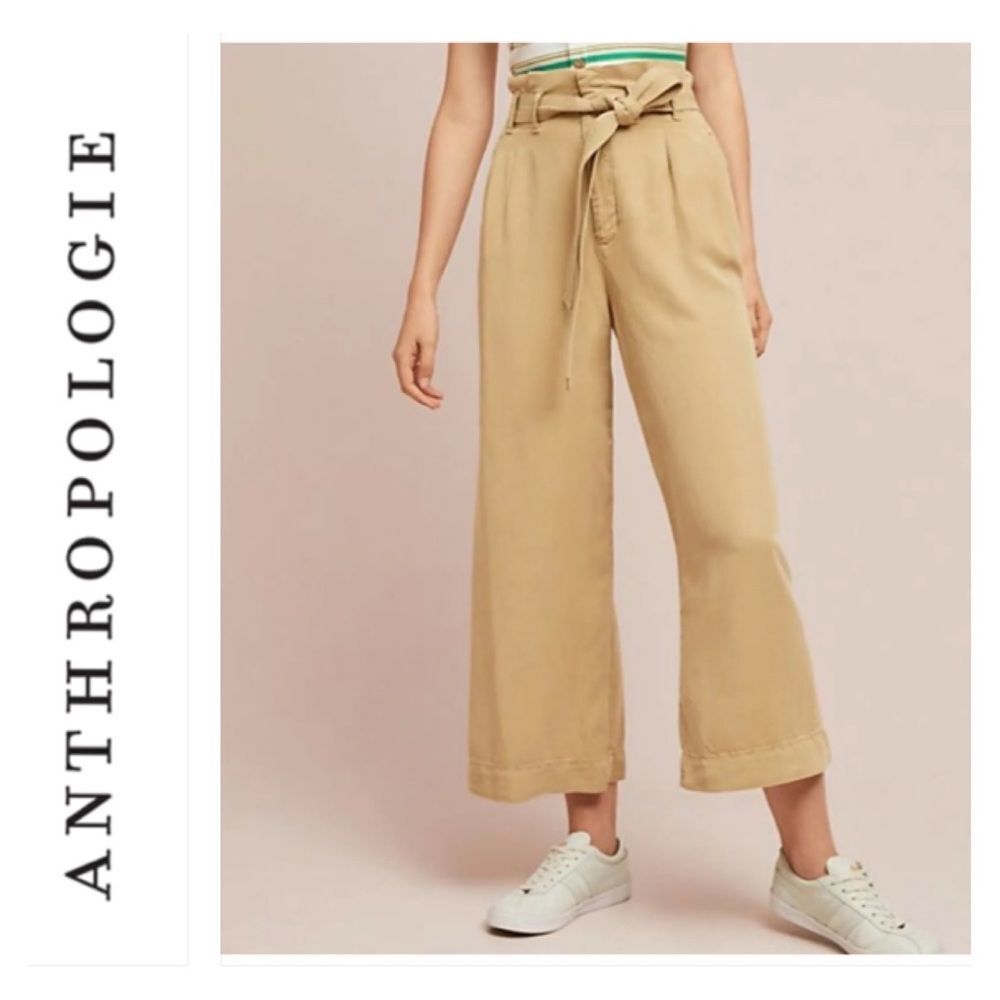 Anthropologie Blythe Wide Leg High Waist Paperbag Cropped Pant Lyocell Beige Tan